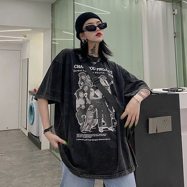 

womens tshirt large tshirt womens old washed short sleeves hiphop oneck gothic harajuku street clothing dark zipper vintage 230410, White