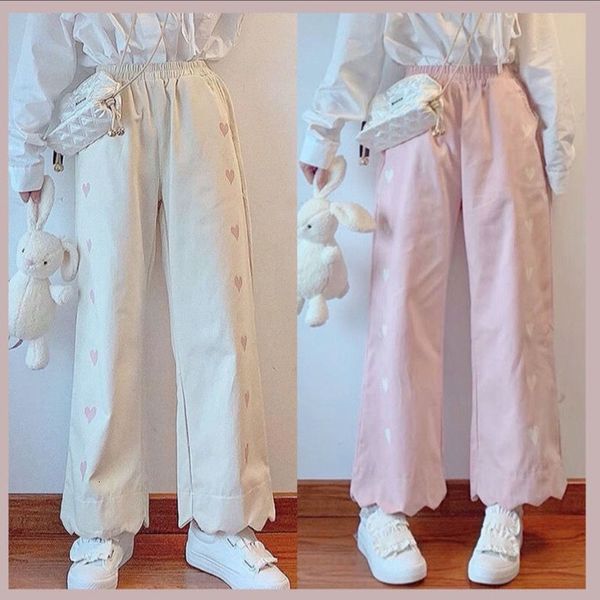 

women's pants s houzhou harajuku kawaii japan style pant cute elastic waist casual beige trousers soft girl oversize autumn loose 23041, Black;white