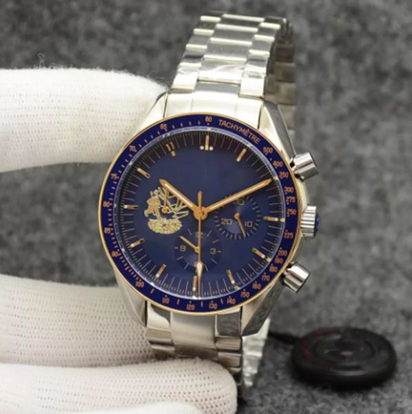 

eyes on the stars watch chronograph sports battery power limited two tone gold blue dial quartz professional dive wristwatch stainless steel, Slivery;brown