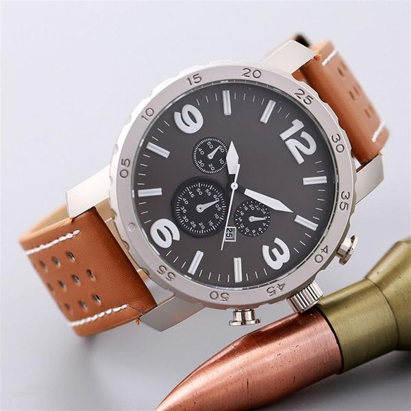 

2017 new big dial luxury design men watch fashion leather strap quartz watches montre clock relogio relojes de marca sports wristw231m, Slivery;brown