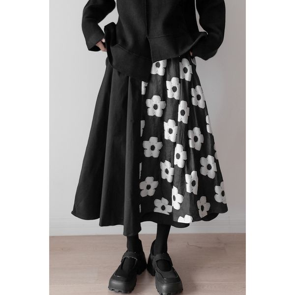 

skirts korobov spring women's skiing vintage elegant hit colorful patches faldas mujer korean sweet a-line skiing 230410, Black