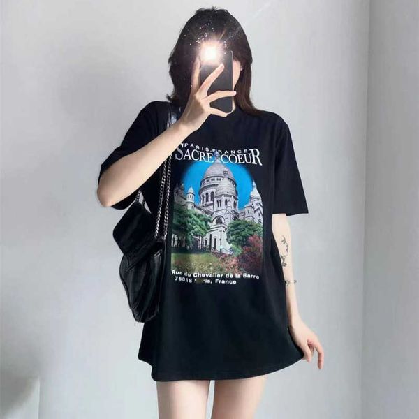 

2023 womens designer t shirt tracksuit shirt high edition 2023 summer castle print mesh red same sleeve t-shirt, White;black