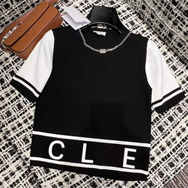 

designer summer women t shirt shirt summer low round neck tongle simple black white contrast ice silk knit wide slim pullover thin sleeve, White;black