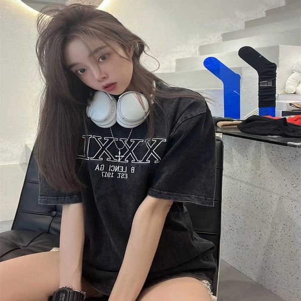 

2023 new designer womens t shirt high-end shirt high edition 2023 summer family letter embroidery washed old loose sleeve t-shirt, White;black