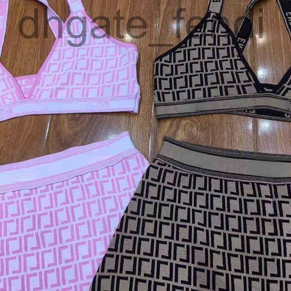 

women's tracksuits designer women's summer presbyopia letter knitting hanging neck gathering thin bikini two-piece set tmdh, Gray