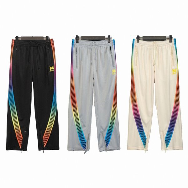 

needles butterfly embroidered men's and women's casual trousers japanese trendy color striped ribbon sports pants fog high street, Black