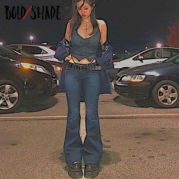 

women s jeans bold shade indie gothic style solid skinny low rise waist streetwear urban boot cut denim women y2k fashion trousers 220410, Blue