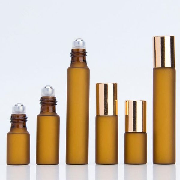 

200pcs/lot 3/5/10ml amber frosted glass essential oil bottles roll on jar with stainless steel roller ball essential oils bottle