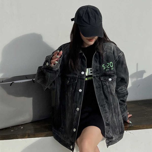 

2023 new women's tshirt shirt version early spring 520 capsule wash old digital printed denim jacket for men women, Black;brown