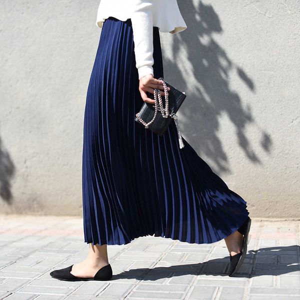

new spring/summer 2023 korean version solid color long large pleated high women's elastic waist skirt, Black