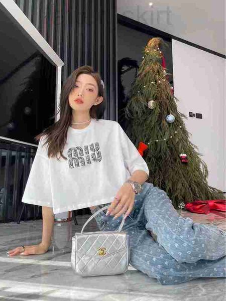 

women's hoodies & sweatshirts designer 2023 spring/summer new french style fragrance sweet rhinestone letter loose short sleeve t-shirt, Black