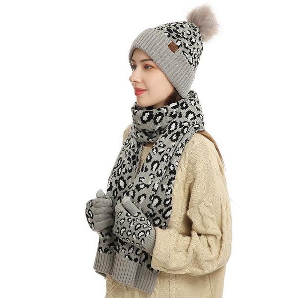 

beanie/skull caps winter women's warm woolen hat scarf gloves three-piece suit acrylic jacquard outdoor cold windproof classic leopard, Blue;gray