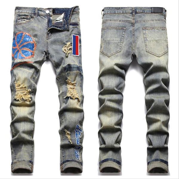 

mens jeans hip-hop trousers denim ripped jeans straight tube designer jeans fashion casual jeans star decoration cool jeans men pants popula, Blue