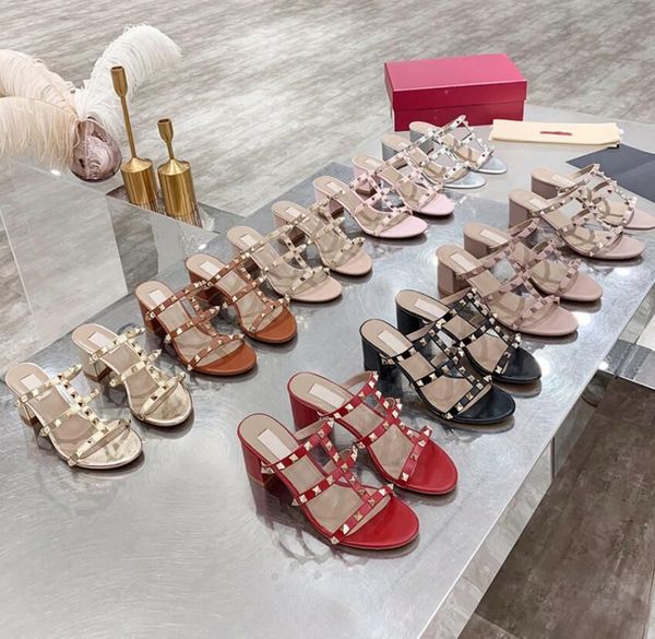 

high heel sandals women leather thick heels studs slides pumps summer sandal slides straps chunky heels with box, Black