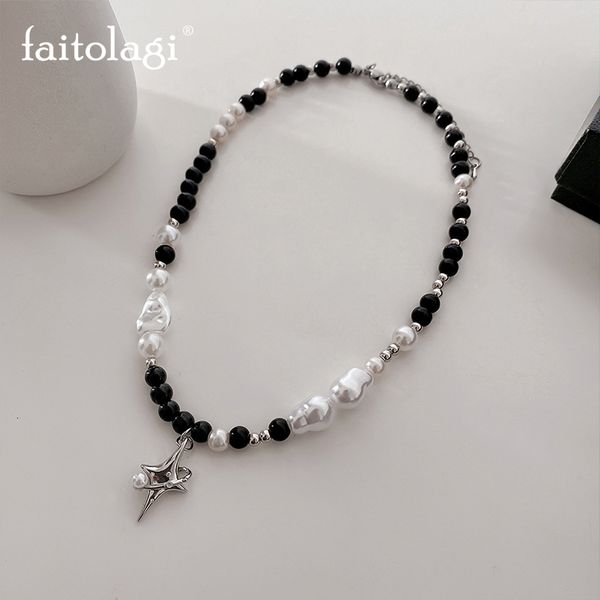 

chokers punk star pendant baroque pearl necklace women asymmetric black white imitation stainless steel jewelry 230410, Golden;silver