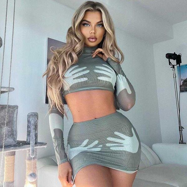 

two piece dress women's fashion 2022 winter new print open button long sleeve slim fit short half skirt set, White