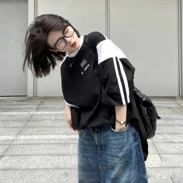 

2023 new women's tshirt shirt edition classic chest embroidery panel sleeve os loose drop shoulder t-shirt unisex, White;black