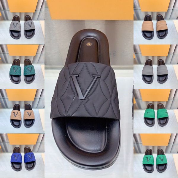 

designer slides men slippers paris l embossed platform rubber sandals slide flat mens pool sliders brand summer shoes beach pool slides mule, Black