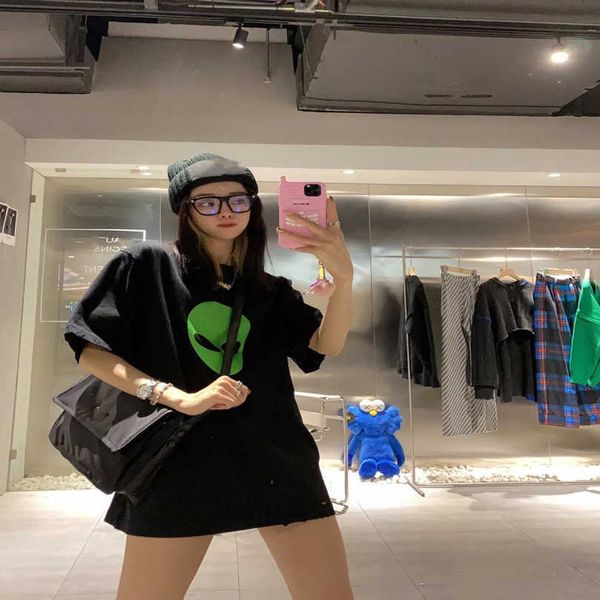 

2023 new women's tshirt shirt edition flocking print t-shirt cute funny alien top, White;black