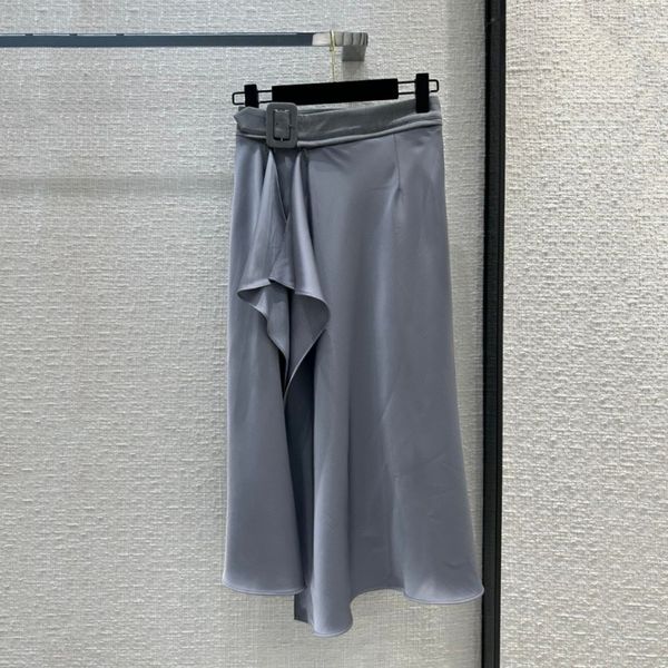 

women designer skirt gray pleated skirts with belt split mid calf fashion summer bottom elastic webbing resort style large skirt hemline, Black