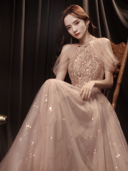 

halter champagne pink celebrity dress o-neck off shoulder applique sequined sleeveless formal evening party gown robe de soiree, Black;red
