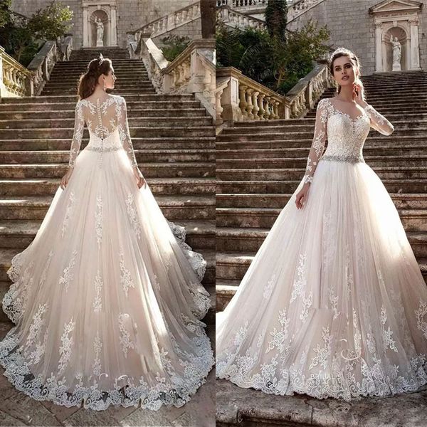

sheer crew neck see through button back long sleeve appliques new vintage lace wedding dresses vestios de novia bridal gown, White