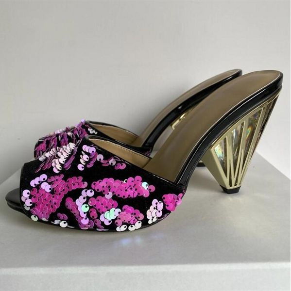 

iridescent sequins high heel sandals for girls women fretwork spike heel bling mixed sequined, Black