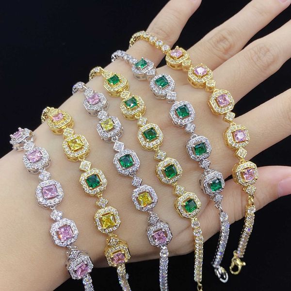 

high end online red live broadcast new product simulation color tourmaline princess square full diamond bracelet womanly fashion jewelry, Golden;silver