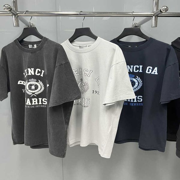 

designer summer women t shirt high edition house 1917 crown wheat ear crack print loose washed old sleeve t-shirt, White;black