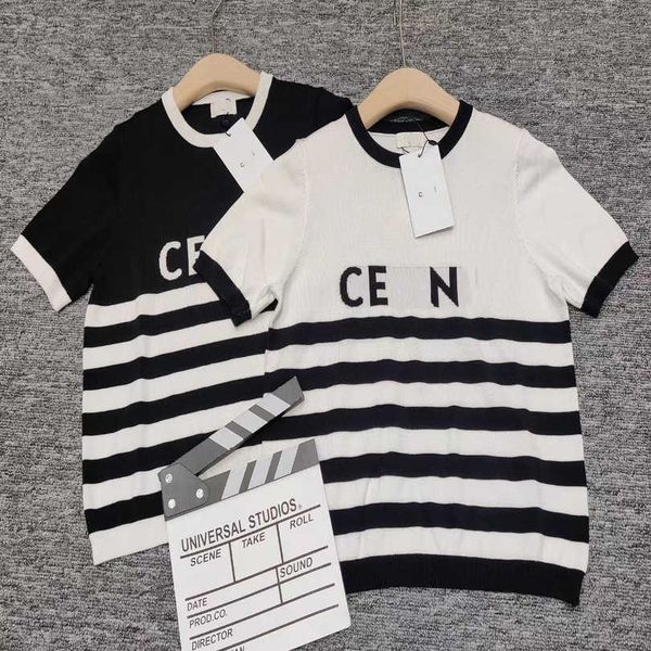 

2023 new women's tshirt hh2023 spring/summer trend casual black white stripe contrast panel crew neck sleeve t-shirt women, White;black