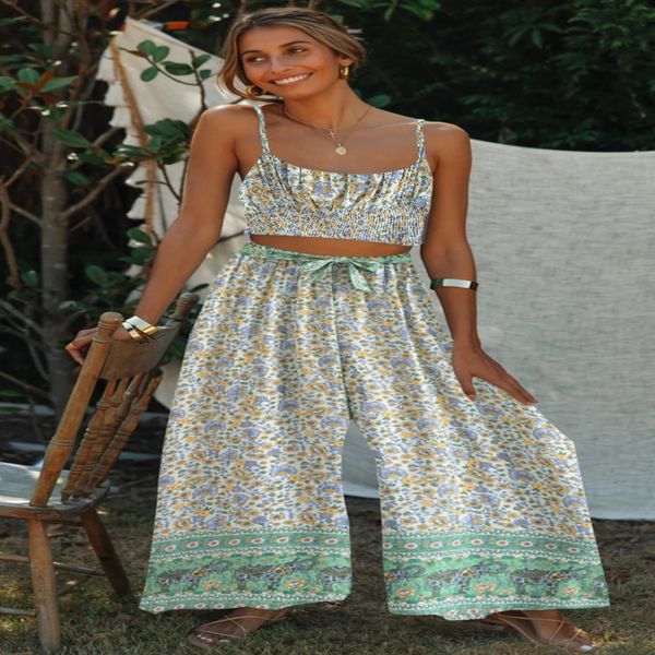 

two piece dress happie queens women floral print two piece outfits sleeveless bohemian loose pants 2 pieces swimsuits rayon sets, White