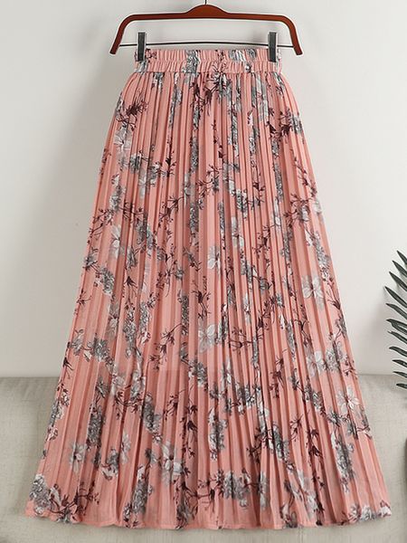 

skirts surmiltro midi long pleated skin women's summer korean fashion chiffon pink flower print a-line high waist skin women's 230, Black