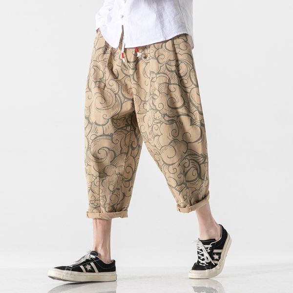 

men's pants 2023 summer print harem short joggers chinese style calflength male casual baggy s trousers 230410, Black