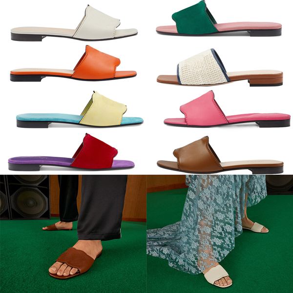 

2023 slipper womens embroidered canvas designer slides slip on slippers girls leather genuine flat heel outside matching indoor slides woman, Black