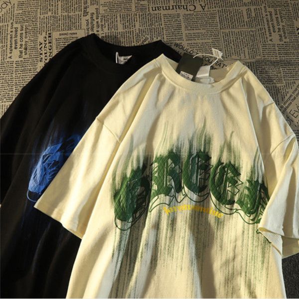 

men's tshirts american retro creative letter printing short sleeved tshirts men and women ins summer loose casual couples round neck cl, White;black