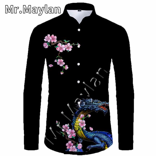 

men's casual shirts 3d printing dragon tattoo hawaii shirts long sleeved beach shirt men's autumn shirts oversized 5xl camisa masc, White;black