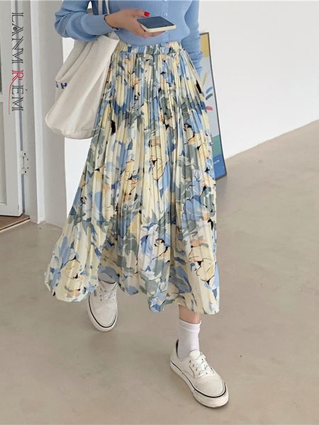 

skirts lanmrem flower skiing high waist thin mid length chiffon printed pleated women's long leather spring/summer 2r1165 230410, Black
