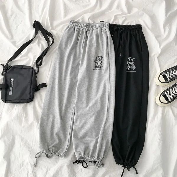 

women's pants s houzhou harajuku bear print gray joggers sports pant oversize black jogging sweatpants korean fashion wide leg trousers, Black;white