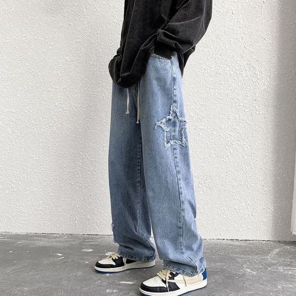 

men's jeans elastic waist men ins fashion embroidery denim trousers plus size baggy wide pants casual bottoms vintage y2k male clothes, Blue