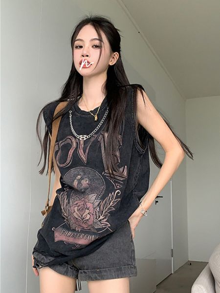 

women's tshirt grunge printed hole tank vest female goth vintage aesthetic sleeveless punk harajuku casual summer y2k loose ropa mujer, White