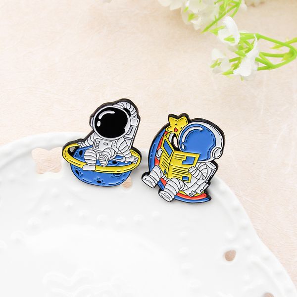 

astronauts explore the universe read newspapers brooch cute anime movies games hard enamel pins collect metal cartoon brooch backpack hat ba, Blue