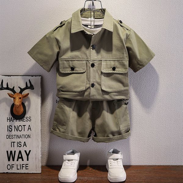 

clothing sets western style boys' clothing summer shorts army green button down lapel shirt multi pocket work clothes children's s, White