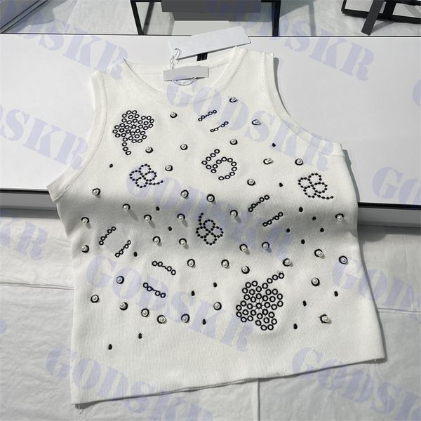

beads knitted tanks womens embroidery brand logo t shirt ladies tees clothes, White