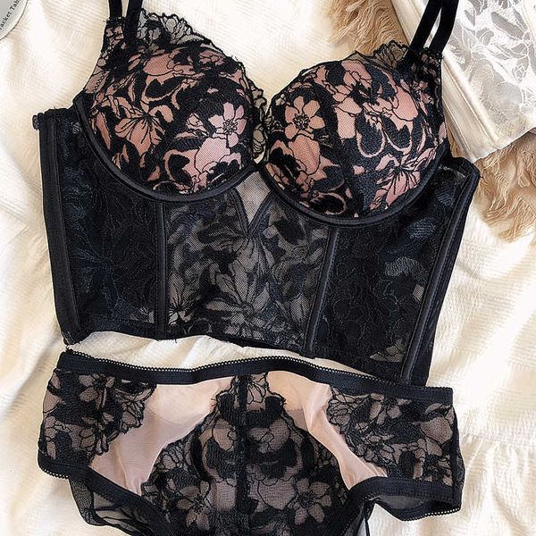 

bras sets french lace embroidery underwear hollow push up bra set women steel-cotton thick bralette vest black deep v brassiere aa230410, Red;black