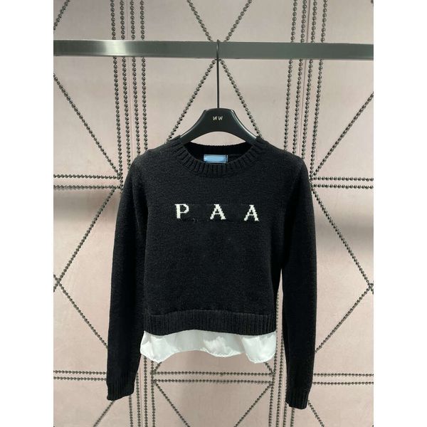 

Autumn Winter Sweater Pullover 2023 New Women Fashion Classic Letter Jacquard Fake Two Piece Ladies Elegant Knitted Sweater, Black