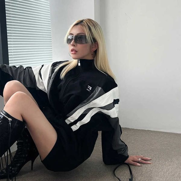 

womens designer t shirt shirt early spring family embroidery panel contrast zipper sports jacket racerback coat xxl, White