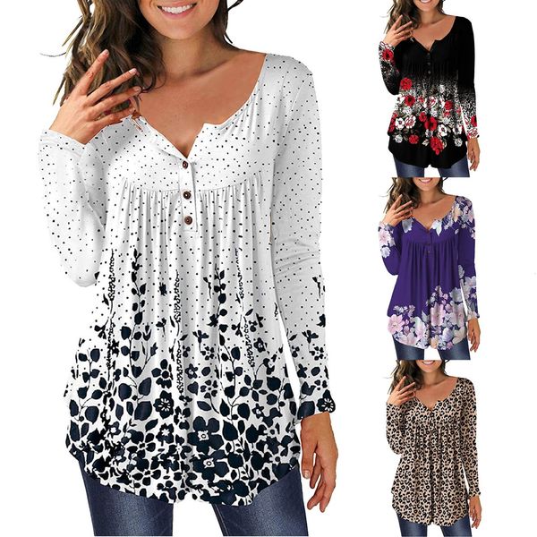 

women's blouses shirts 3xl plus size flower print tuned shirt fashion round neck women's shirt button casual spring women's s, White