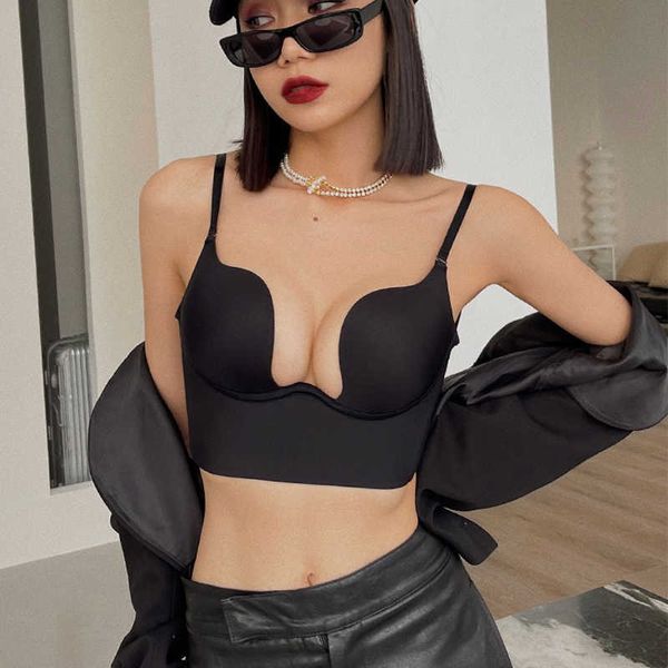 

bras sets new women glossy seamless underwear deep u push up bra set summer backless invisible lingerie adjustable strap brassiere aa230410, Red;black