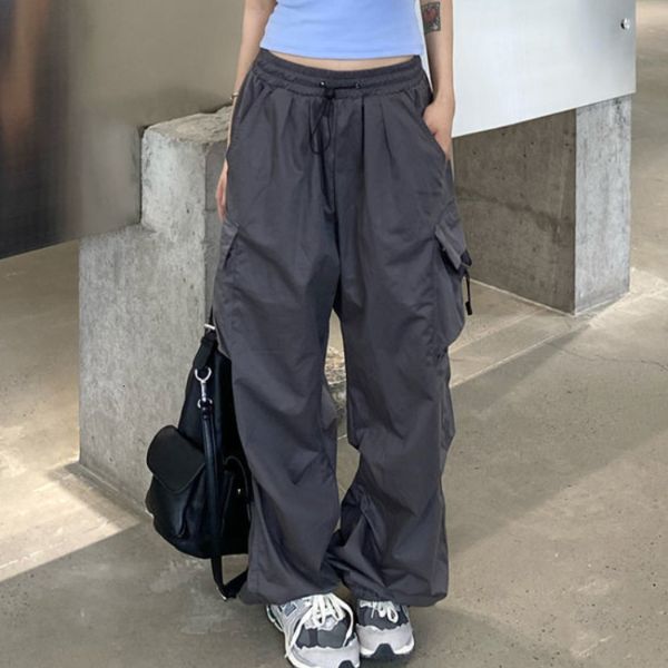 

women's pants capris womens streetwear cargo pants spring elastic waist solid color pockets wide leg trouser female casual korean jogge, Black;white