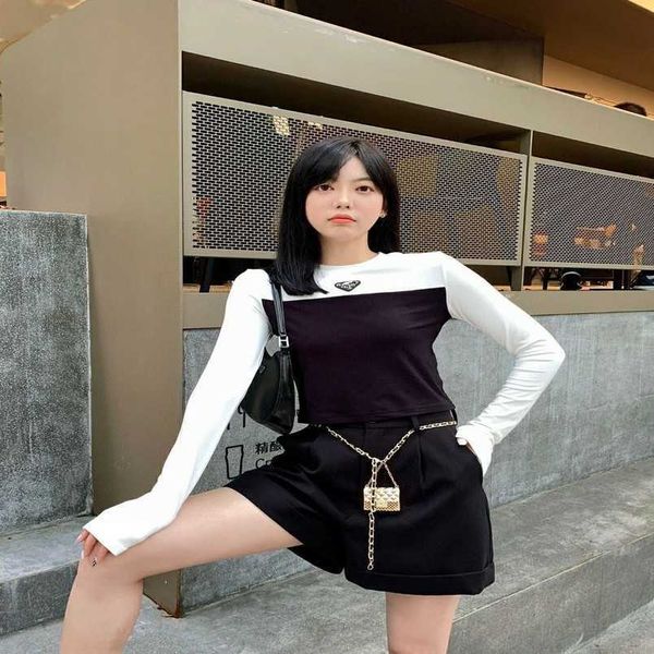 

womens designer t shirt tracksuit family autumn winter round neck slim fit long sleeve t-shirt classic black white contrast high waist desig, White;black